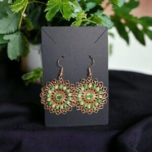 Gold Tone Filigree Dangle Rhinestone Vintage Earrings Women Jewelry Green